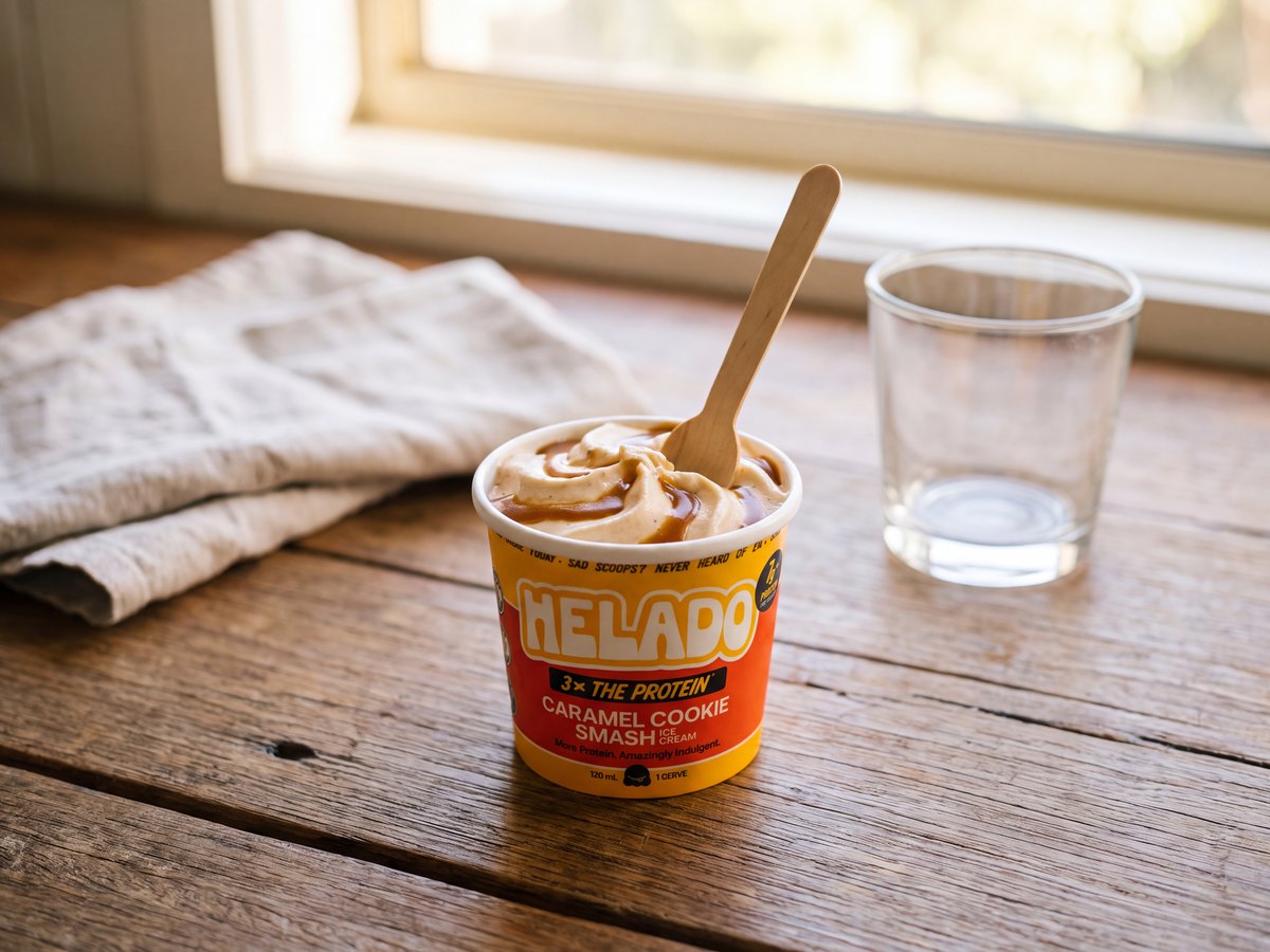 An open Helado cup on a kitchen bench in morning light
