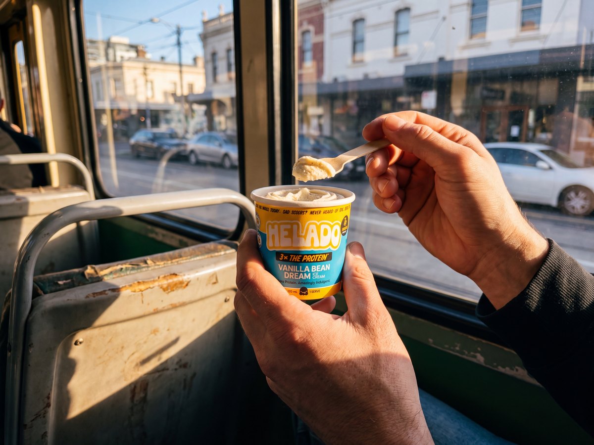 A Helado cup held on a tram, a wooden spoon lifting from the swirl