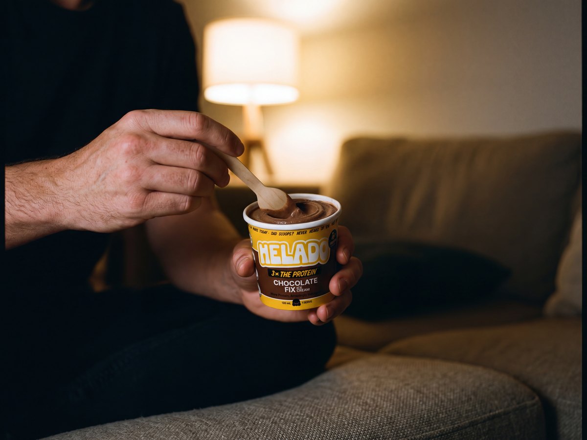 A Helado Chocolate Fix cup held on a couch under a lamp