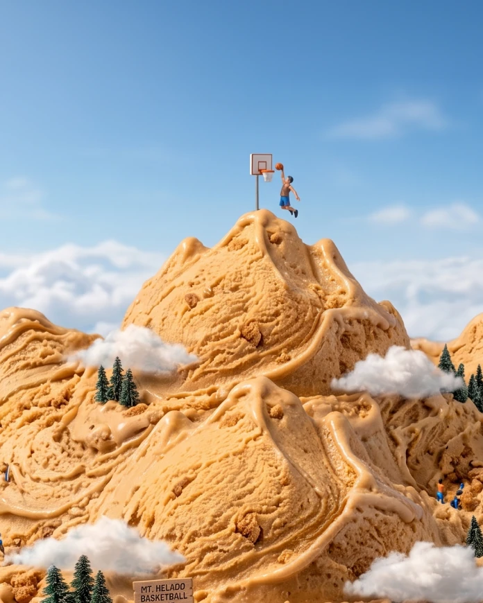 Mt Helado Basketball, a caramel ice cream mountain above the clouds with a slam dunk at the summit and tiny players climbing
