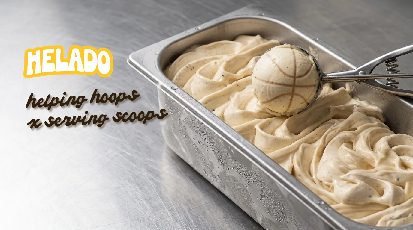 A steel tub of Helado vanilla bean gelato with a scoop shaped like a basketball, beside the line helping hoops x serving scoops.