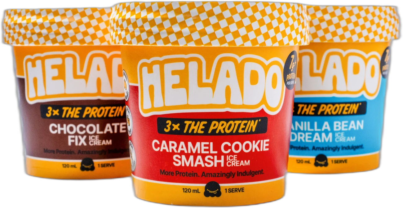 Three Helado cups: Chocolate Fix, Caramel Cookie Smash and Vanilla Bean Dream.