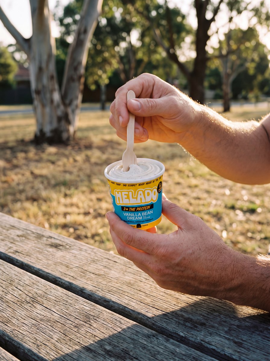 Hands at a picnic table, a wooden spoon drawn through an open Helado cup