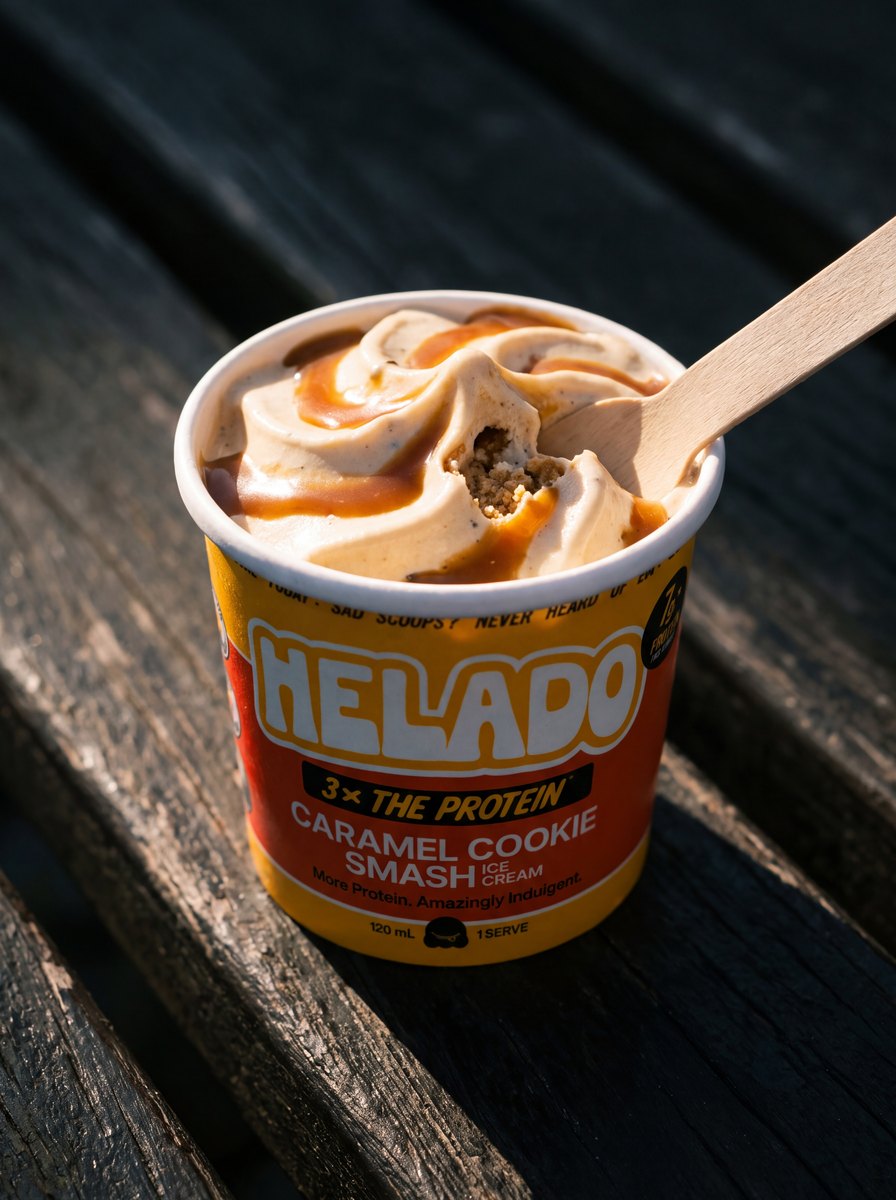 A wooden spoon resting in an open Helado Caramel Cookie Smash cup, lit from one side