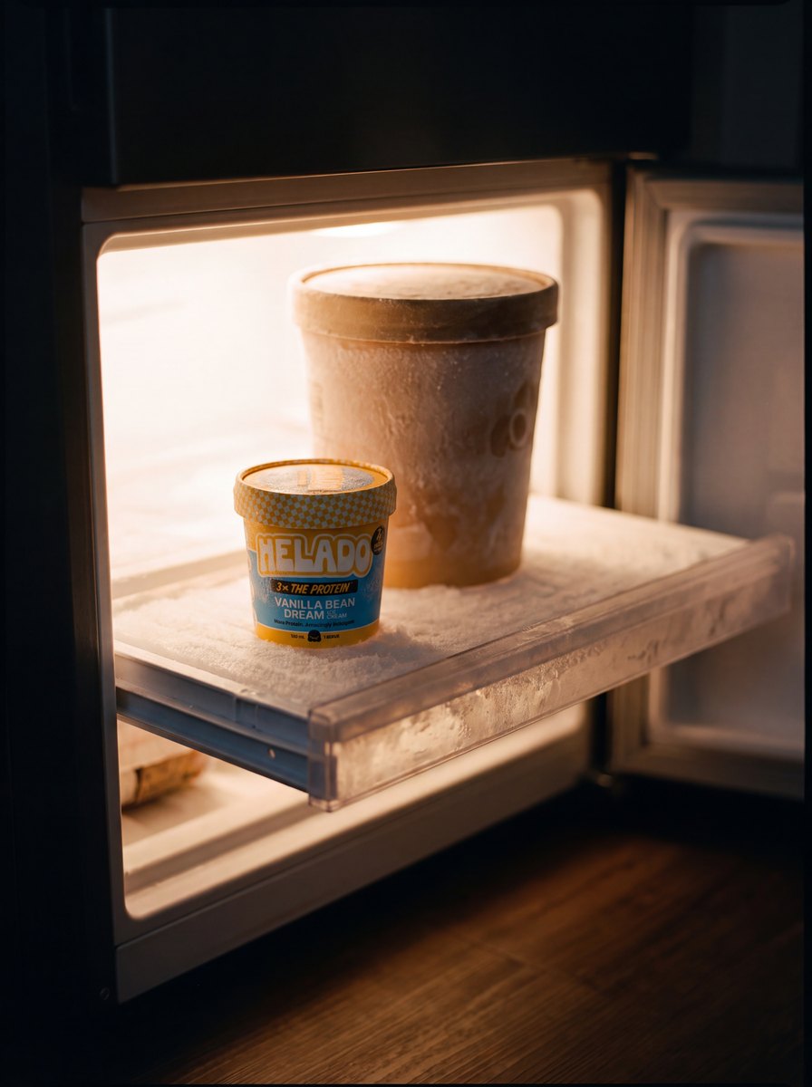 A sealed Helado cup on a freezer shelf beside a frosted canister